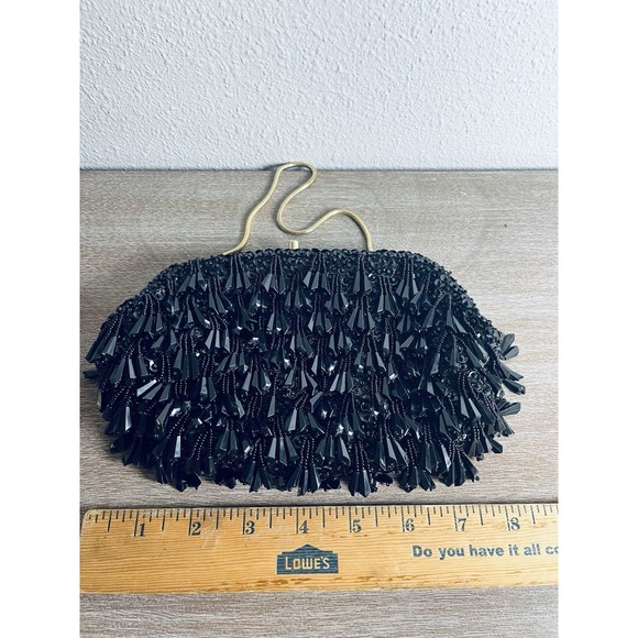 Vtg Black Beaded Sequin Evening Bag Purse Hong Kong Kiss Lock On Trend Classic - Picture 5 of 16